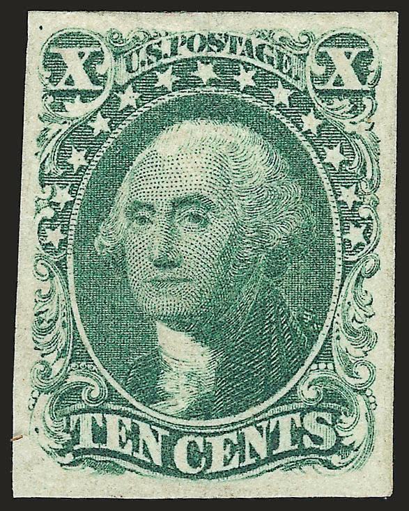 10c Green, Ty. II (14).> Original gum, lightly hinged, large and even margins, brilliant color<><>^EXTREMELY FINE. A STUNNING ORIGINAL-GUM EXAMPLE OF THE 1855 IMPERFORATE 10-CENT TYPE II. WORTHY OF THE FINEST
COLLECTION.^<><>Given the wide spacin