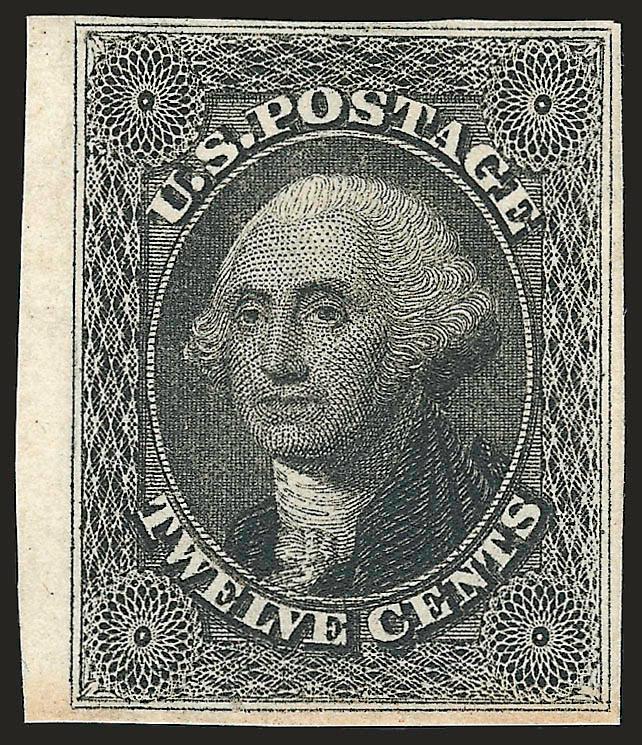 12c Black (17).> Original gum, lightly hinged, intense shade and impression, large margins to huge incl. <sheet margin> at left, very faint natural gum toning at bottom not mentioned on accompanying
certificates<><>^EXTREMELY FINE LIGHTLY-HINGED EX
