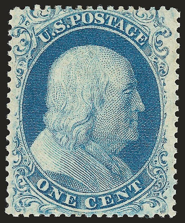1c Blue, Ty. I (18). Mint N.H.,> radiant color on bright paper, choice centering for this difficult issue<><>^VERY FINE AND CHOICE. A RARE MINT NEVER-HINGED EXAMPLE OF THE 1857 ONE-CENT TYPE I PERFORATED ISSUE.
THIS STAMP IS SUPERIOR TO THE ONLY OT
