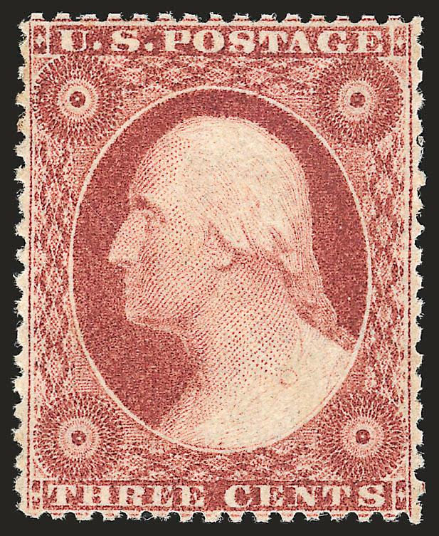3c Claret, Ty. I (25 var).> Original gum, barest trace of what may be hinging, deep rich color and proof-like impression, unusually choice centering for this difficult issue<><>^EXTREMELY FINE GEM. A SUPERB
ORIGINAL-GUM EXAMPLE OF THE 3-CENT 1857 I