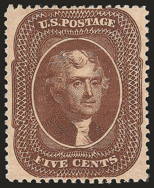 5c Brown, Ty. II (30A).> Original gum, in our opinion and in the opinion of the P.F. experts in 1991 the gum is Mint N.H. (however, in 2007 the P.F. has reversed itself and described slight natural
irregularities as previously hinged), deep rich co