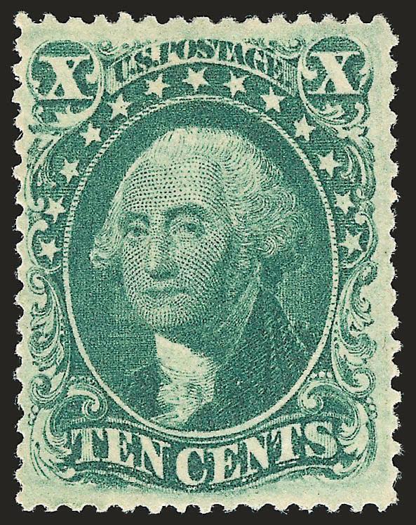 10c Green, Ty. III (33).> Original gum, barest trace of hinging, brilliant color, wide margins, full perforations all around<><>^VERY FINE AND CHOICE. A BEAUTIFUL LIGHTLY-HINGED EXAMPLE OF THE 1857 10-CENT TYPE
III. SCARCE IN SUCH PRISTINE CONDITIO