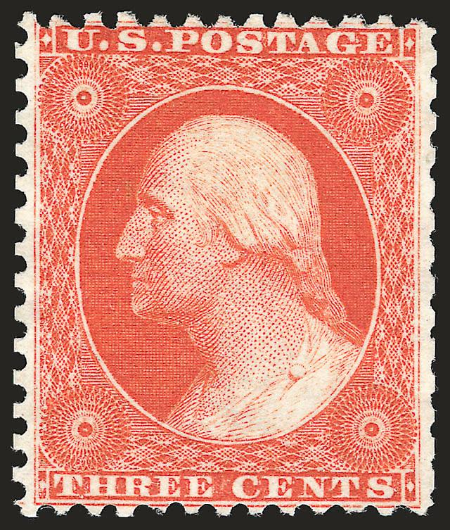 3c Scarlet, Reprint (41).> Without gum as issued, vibrant color as fresh as the day it was printed, choice centering for this difficult issue, perfs scissors-trimmed but intact at right<><>^VERY FINE AND
CHOICE. A BEAUTIFUL EXAMPLE OF THE 3-CENT 18