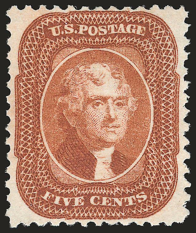 5c Orange Brown, Reprint (42).> Without gum as issued, rich color, wide margins<><>^EXTREMELY FINE EXAMPLE OF THE 5-CENT 1857 REPRINT.^<><>Only 878 sold. With 1992 P.F. certificate