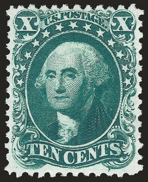 10c Blue Green, Reprint (43).> Without gum as issued, deep rich color which jumps off of the bright paper, gorgeous centering with well-proportioned margins<><>^EXTREMELY FINE GEM. ONE OF THE FINEST COPIES
EXTANT OF THE 10-CENT 1857 REPRINT. THIS I