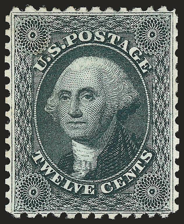 12c Greenish Black, Reprint (44).> Without gum as issued, pretty shade and detailed impression, choice centering for this difficult issue with well-balanced margins<><>^EXTREMELY FINE. A BEAUTIFUL EXAMPLE OF
THE 12-CENT 1857 REPRINT. SCARCE IN SUCH