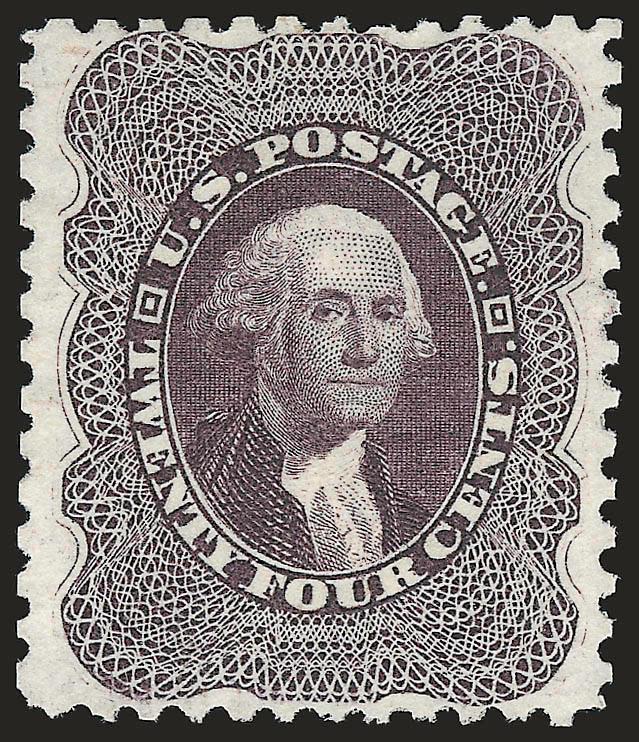 24c Blackish Violet, Reprint (45).> Without gum as issued, deep rich color and proof-like impression, unusually choice centering with wide and balanced margins<><>^EXTREMELY FINE EXAMPLE OF THE 24-CENT 1857
REPRINT.^<><>Only 479 were sold. Of the
