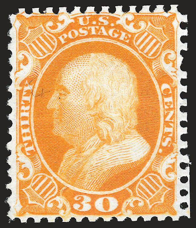 30c Yellow Orange, Reprint (46).> Without gum as issued, brilliant color as fresh as the day it was printed on crisp paper, perfs scissors-separated but intact, well-balanced margins<><>^EXTREMELY FINE. A
BEAUTIFUL EXAMPLE OF THE 30-CENT 1857 REPRI