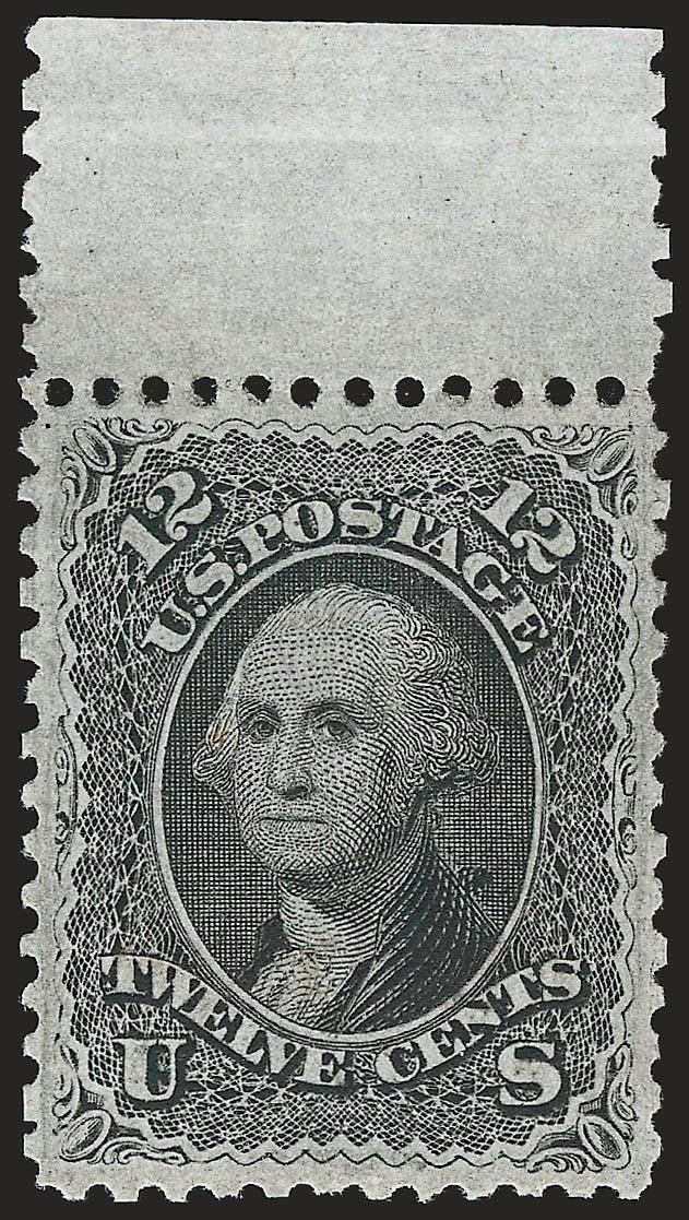 12c Black (69).> Original gum, lightly hinged, <selvage at top,> intense shade and impression, unusually choice centering with wide and balanced margins<><>^EXTREMELY FINE GEM. A SUPERB ORIGINAL-GUM EXAMPLE OF
THE 12-CENT 1861 ISSUE.^<><>Knowledg