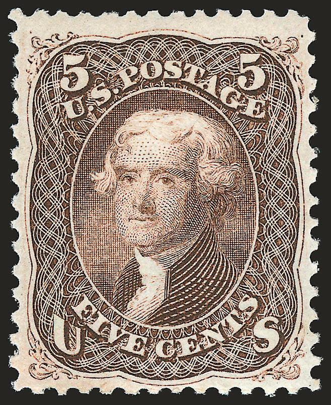 5c Brown (76).> Original gum, barest trace of what may be hinging, bright shade, detailed impression, wide margins<><>^VERY FINE AND CHOICE LIGHTLY-HINGED EXAMPLE OF THE 1863 5-CENT BROWN.^<><>The 5c Brown 1863
shade is extremely difficult to fin