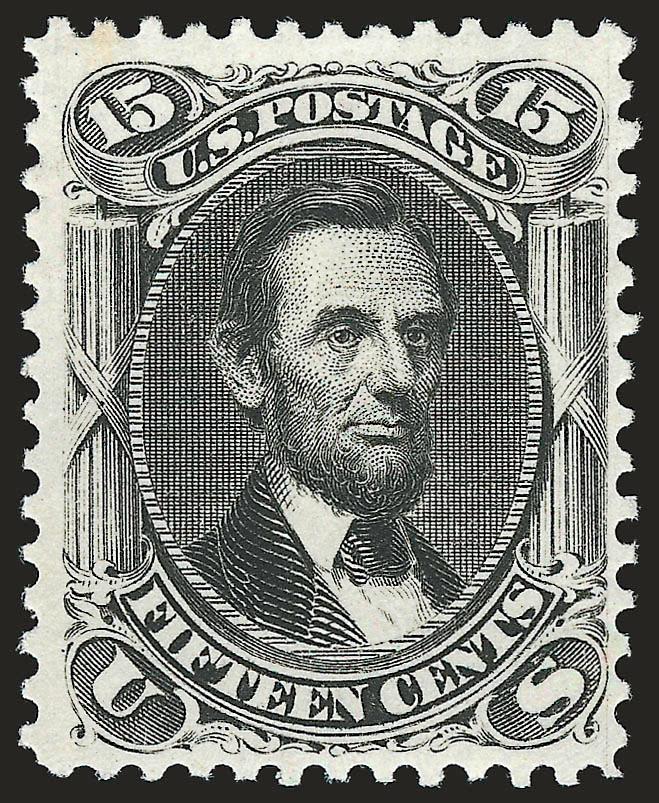 15c Black (77).> Original gum in <Mint Never-Hinged> state, sharp proof-like impression on bright and fresh paper, wide margins<><>^EXTREMELY FINE. AN UNBELIEVABLY RARE MINT NEVER-HINGED EXAMPLE OF THE 15-CENT
1866 ISSUE IN THE FINEST CONDITION ATT