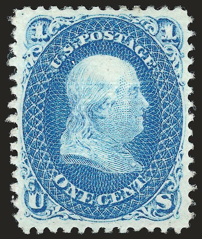 1c Blue, E. Grill (86).> Original gum, lightly hinged at top, deep rich color and proof-like impression on fresh paper, clearly-defined grill points, unusually choice centering<><>^EXTREMELY FINE GEM. THE 1868
ONE-CENT E GRILL IS FAR SCARCER THAN I