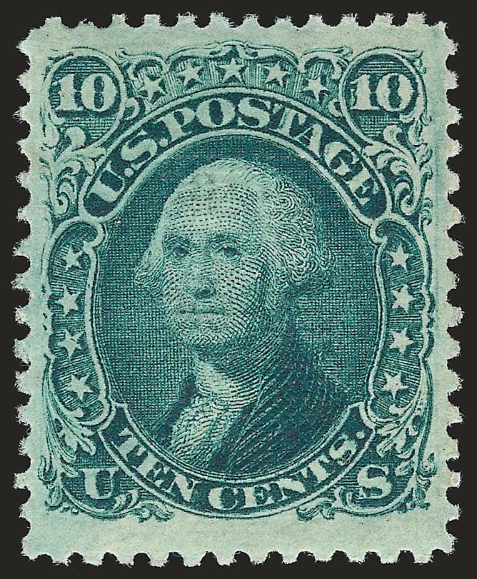 10c Green, E. Grill (89).> Original gum, very lightly hinged, deep rich color and proof-like impression, clearly-defined grill<><>^EXTREMELY FINE. AN OUTSTANDING ORIGINAL-GUM EXAMPLE OF THE 1868 10-CENT E GRILL
WITH REMARKABLE CENTERING -- RARE IN