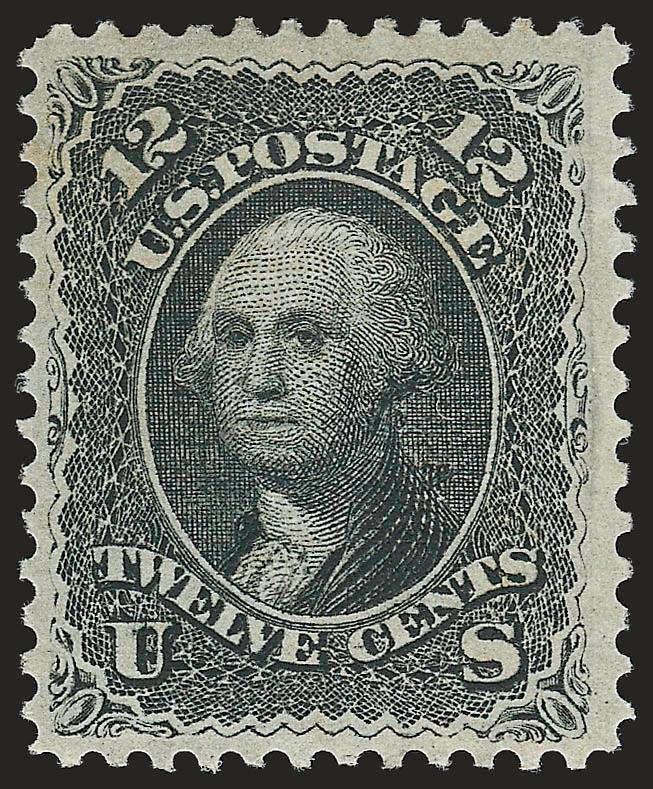12c Black, E. Grill (90).> Original gum, lightly hinged, intense shade and impression, choice centering with wide margins, clearly-defined grill<><>^EXTREMELY FINE. A BEAUTIFUL ORIGINAL-GUM EXAMPLE OF THE 1868
12-CENT E GRILL. SCARCE IN SUCH CHOICE