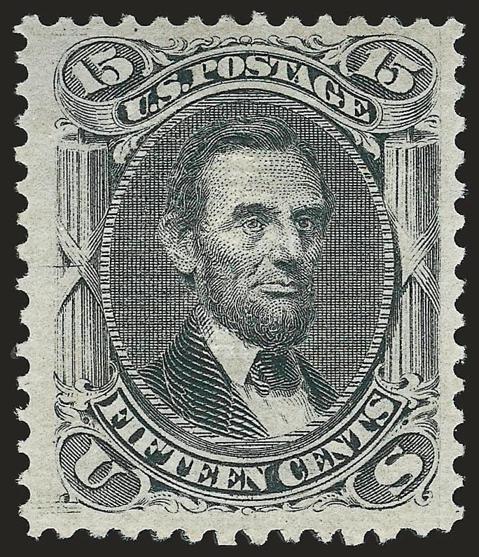 15c Black, E. Grill (91).> Original gum, lightly hinged, bright shade, crisp impression, clearly-defined grill, wide margins<><>^EXTREMELY FINE AND ONE OF THE WIDEST-MARGINED EXAMPLES OF THE 1868 15-CENT E
GRILL WE HAVE EVER ENCOUNTERED.^<><>As a