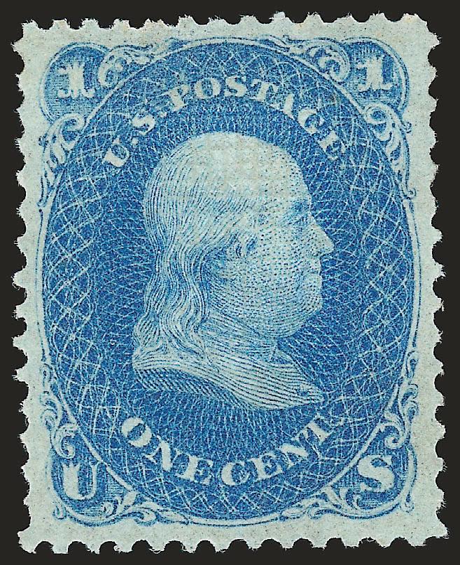 1c Blue, F. Grill (92).> Original gum, lightly hinged, fresh and bright color, choice centering with wide margins, sharp grill impression<><>^EXTREMELY FINE GEM. THE 1868 ONE-CENT F GRILL IS AN EXCEEDINGLY
DIFFICULT STAMP TO FIND IN SUCH SOUND, SUP