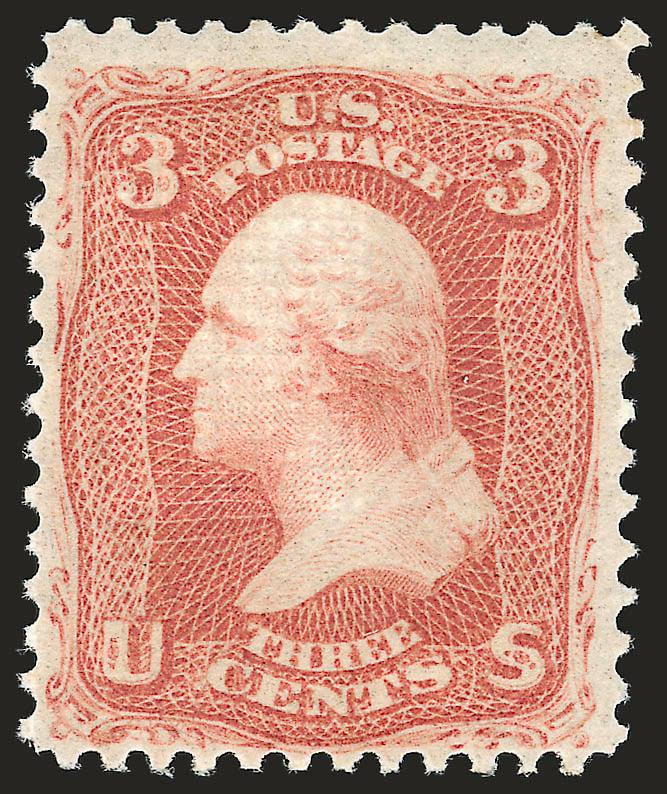 3c Red, F. Grill (94). Mint N.H.,> intense shade on bright paper, sharp grill points, fresh and Fine, we have only sold four others in Mint N.H. condition since keeping computerized records and all had similar
centering to the example offered here, w