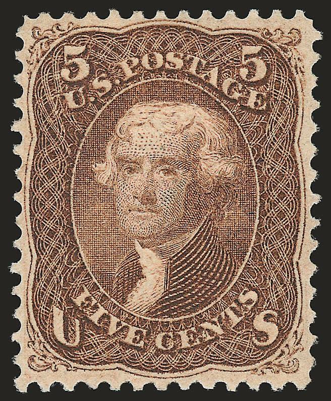 5c Brown, F. Grill (95).> Original gum, pristine back with only the barest trace of previous hinge, beautiful rich color in a bright reddish shade, unusually sharp impression, remarkably fresh<><>^EXTREMELY
FINE GEM. A MAGNIFICENT EXAMPLE OF THE 18