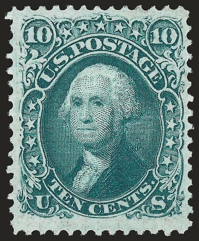 10c Yellow Green, F. Grill (96). Mint N.H.,> rich color on bright paper, clearly-defined grill, wide margins<><>^EXTREMELY FINE. AN EXCEPTIONALLY RARE MINT NEVER-HINGED EXAMPLE OF THE 1868 10-CENT F GRILL. THIS
IS THE FIRST MINT NEVER-HINGED EXAMPL