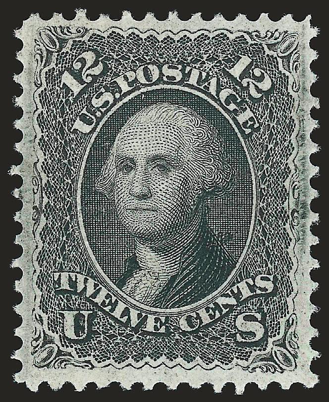12c Black, F. Grill (97).> Original gum, lightly hinged, almost perfectly centered with remarkably wide margins all around capturing the characteristic plate burrs of the 12c 1868 Grilled Issue, intense shade
and impression, clearly-defined grill<><