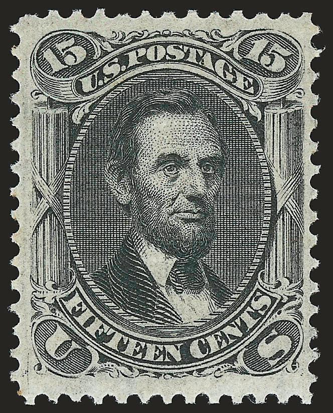15c Black, F. Grill (98). Mint N.H.,> bright shade and crisp impression, clearly-defined grill, unusually choice centering<><>^EXTREMELY FINE. AN UNBELIEVABLY RARE MINT NEVER-HINGED EXAMPLE OF THE 1868 15-CENT
F GRILL. THIS IS THE FIRST WE HAVE EVE