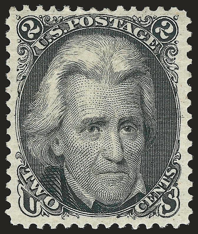 2c Black, Re-Issue (103).> Original gum, intense shade and proof-like impression on bright paper, wide margins<><>^VERY FINE AND CHOICE ORIGINAL-GUM EXAMPLE OF THE 2-CENT 1863 RE-ISSUE.^<><>With 2000 P.F.
certificate