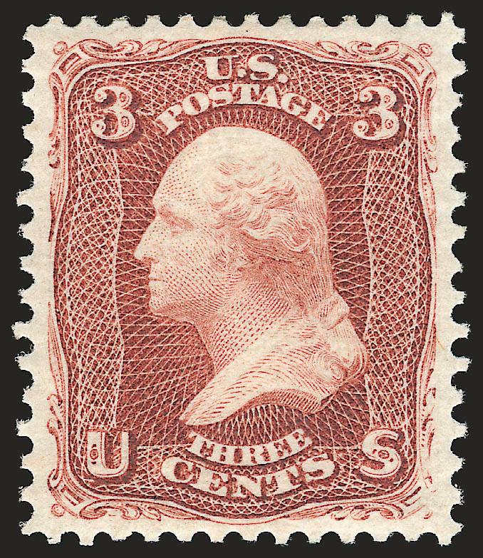 3c Brown Red, Re-Issue (104).> Original gum, brilliant color on bright paper, almost perfectly centered with well-proportioned margins, small inclusion on back<><>^EXTREMELY FINE GEM. A SUPERB EXAMPLE OF THE
3-CENT 1861 RE-ISSUE -- ONE OF THE RARES