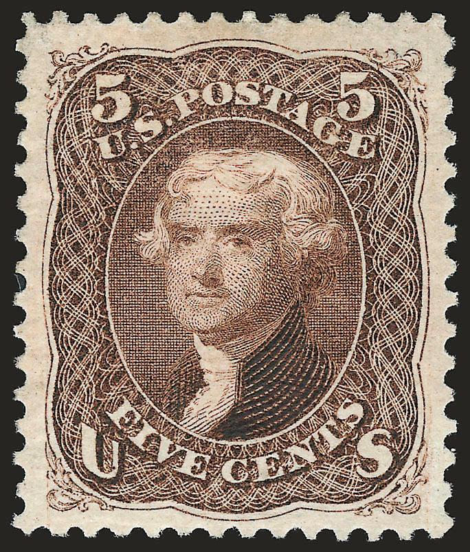 5c Brown, Re-Issue (105).> Original gum, deep rich color, choice centering with enormous margins<><>^EXTREMELY FINE GEM. EASILY ONE OF THE WIDEST-MARGINED EXAMPLES OF THE 5-CENT 1861 RE-ISSUE WE HAVE EVER
ENCOUNTERED. A STUNNING STAMP.^<><>Ex Eng