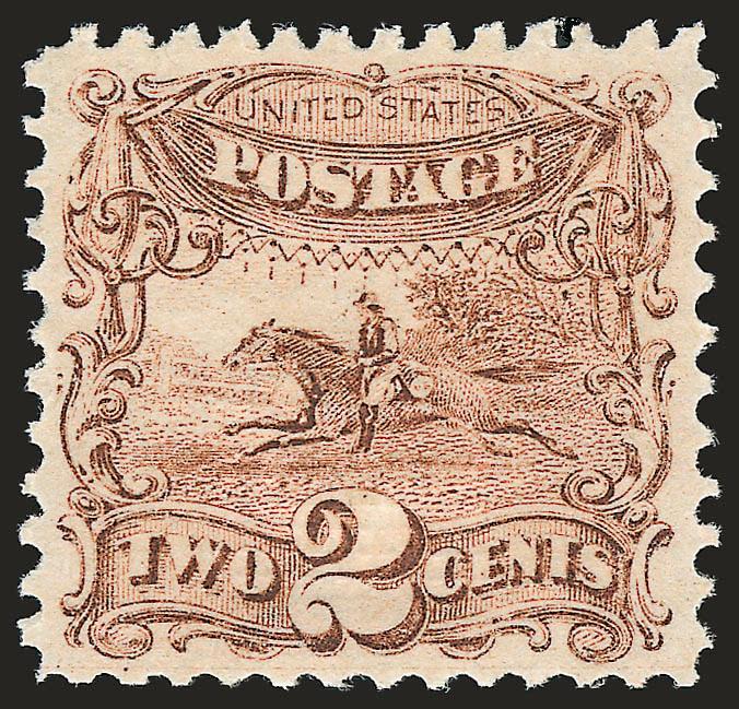 2c Brown (113). Mint N.H.,> pretty shade, well-balanced margins, tiny perf irregularity at top<><>^EXTREMELY FINE MINT NEVER-HINGED EXAMPLE OF THE 2-CENT 1869 PICTORIAL ISSUE.^<><>With 1987 P.F. certificate.
Scott Retail as hinged.