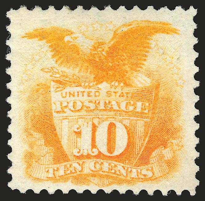 10c Yellow (116).> Original gum, vibrant color which is unusually fresh for this issue, wide margins<><>^EXTREMELY FINE. A BEAUTIFUL ORIGINAL-GUM EXAMPLE OF THE 10-CENT 1869 PICTORIAL ISSUE. A STAMP POSSESSING
REMARKABLE FRESHNESS.^<><>With 1993