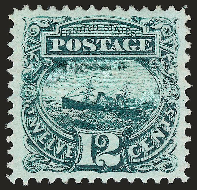 12c Green (117).> Original gum, lightly hinged, deep rich color and sharp proof-like impression, unusually choice centering with well-proportioned margins<><>^EXTREMELY FINE GEM. A BEAUTIFUL ORIGINAL-GUM
EXAMPLE OF THE 12-CENT 1869 PICTORIAL ISSUE.