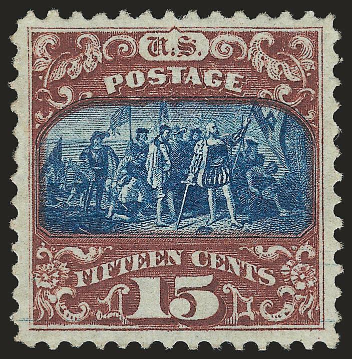 15c Brown & Blue, Ty. II (119).> Original gum, intense colors and proof-like impressions, unusually choice centering with wide margins<><>^EXTREMELY FINE GEM. A SUPERB ORIGINAL-GUM EXAMPLE OF THE 15-CENT TYPE
II 1869 PICTORIAL ISSUE. AN EXTREMELY D