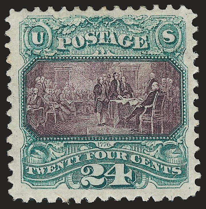 24c Green & Violet (120).> Original gum, lightly hinged, rich colors on bright paper, sharp proof-like impressions, choice centering with wide margins<><>^EXTREMELY FINE. A BEAUTIFUL ORIGINAL-GUM EXAMPLE OF THE
24-CENT 1869 PICTORIAL ISSUE. A SURPR