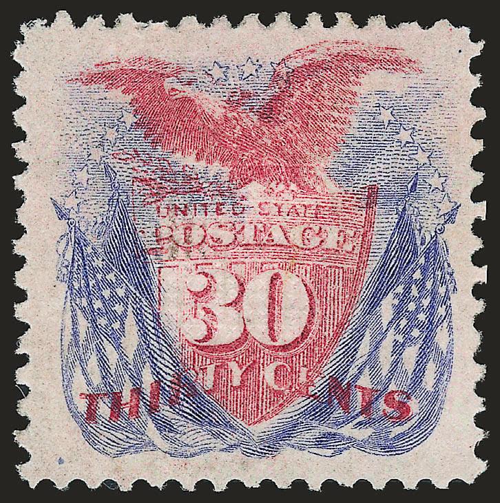 30c Ultramarine & Carmine (121).> Original gum, brilliant colors, unusually choice centering with wide and balanced margins<><>^EXTREMELY FINE. A GORGEOUS ORIGINAL-GUM EXAMPLE OF THE 30-CENT 1869 PICTORIAL
ISSUE.^<><>Our experience with the 1869