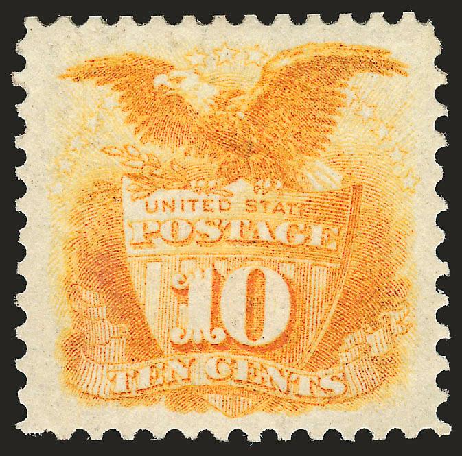 10c Yellow, Re-Issue (127).> Original gum, lightly hinged, vibrant color as fresh as the day it was printed, perfectly centered<><>^EXTREMELY FINE GEM. A SUPERB AND REMARKABLY FRESH ORIGINAL-GUM EXAMPLE OF THE
10-CENT 1869 PICTORIAL RE-ISSUE. ONE O
