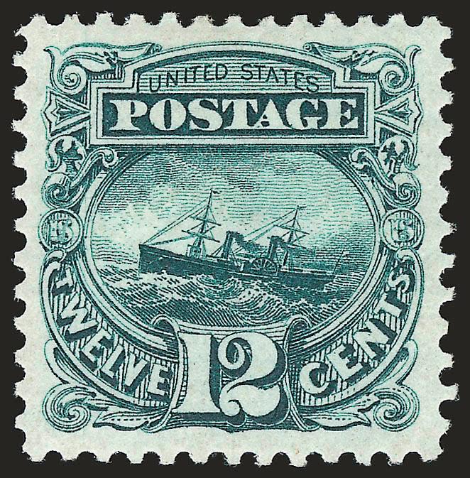 12c Green, Re-Issue (128).> Original gum, lightly hinged, incredibly deep rich color, sharp proof-like impression showing every detail of this issues beautiful engraving, beautifully framed by wide
margins<><>^EXTREMELY FINE GEM. A STUNNING 12-CEN