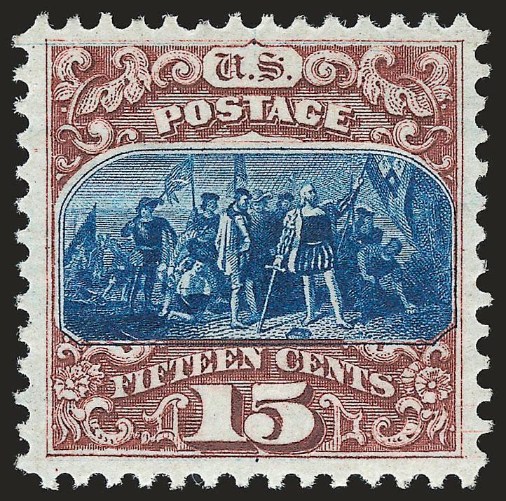 15c Brown & Blue, Re-Issue (129).> Original gum, lightly hinged, extraordinarily well-centered with wide and balanced margins, incredibly intense colors and sharp proof-like impressions<><>^EXTREMELY FINE GEM.
AN OUTSTANDING EXAMPLE OF THE 15-CENT