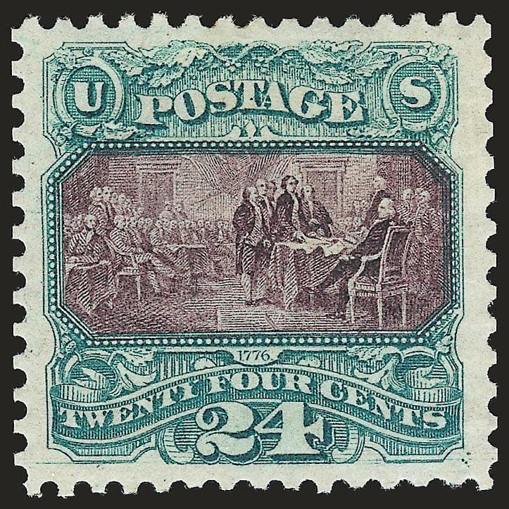 24c Green & Violet, Re-Issue (130).> Original gum, deep rich colors and proof-like impressions on bright paper, wide and well-proportioned margins<><>^EXTREMELY FINE. A BEAUTIFUL ORIGINAL-GUM EXAMPLE OF THE
24-CENT 1869 PICTORIAL RE-ISSUE. A TRUE C