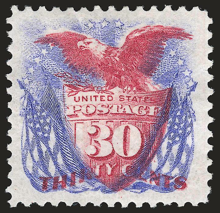 30c Blue & Carmine, Re-Issue (131).> Original gum, lightly hinged, deep rich colors, almost perfectly centered with enormous margins all around<><>^EXTREMELY FINE GEM. A SUPERB ORIGINAL-GUM EXAMPLE OF THE
30-CENT 1869 PICTORIAL RE-ISSUE. SCARCE IN