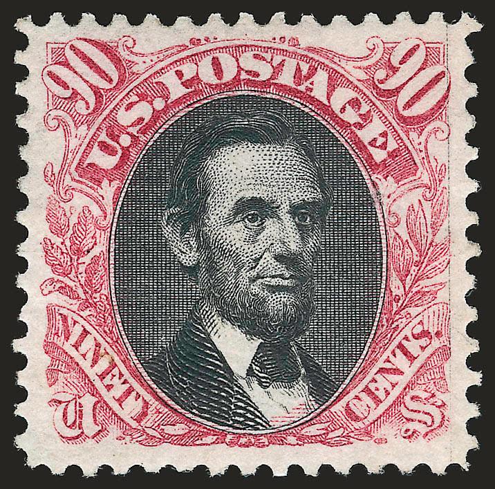 90c Carmine & Black, Re-Issue (132).> Original gum, deep rich colors and detailed impressions which seem to pop off of the bright paper, unusually choice centering with wide and balanced margins, long and full
perforations all around<><>^EXTREMEL