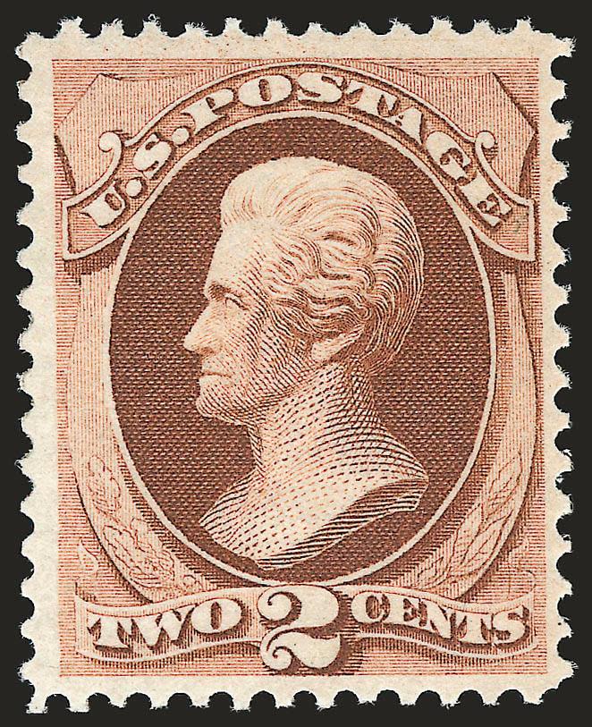 2c Red Brown, Grill (135).> H. Grill, <Mint N.H.,> radiant color, choice centering, trivial natural inclusion<><>^VERY FINE AND CHOICE. THE 1870 2-CENT NATIONAL BANK NOTE COMPANY GRILLED ISSUE IS RARELY FOUND
IN MINT NEVER-HINGED CONDITION. ONLY A