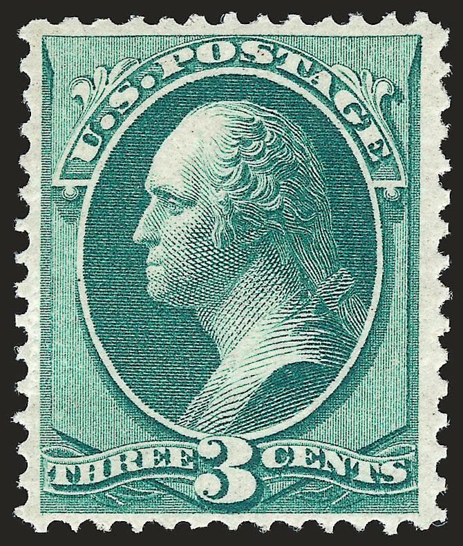 3c Green, Grill (136).> H. Grill, <Mint N.H.,> brilliant color, grill centered to left and with many rows clearly visible on the front of the stamp<><>^VERY FINE AND FRESH. A VERY SCARCE MINT NEVER-HINGED
EXAMPLE OF THE 1870 3-CENT NATIONAL BANK NO