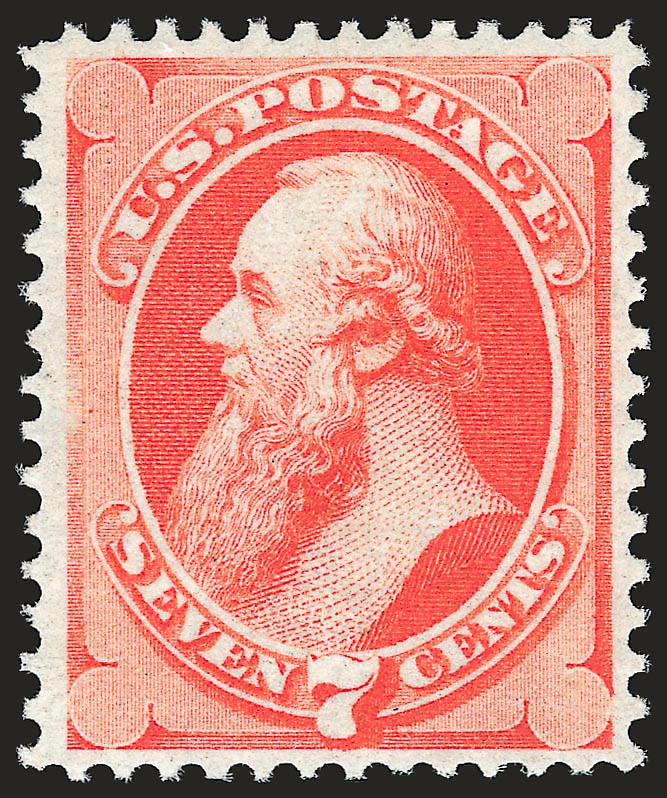 7c Vermilion (149). Mint N.H.,>  vivid color and sharp impression on bright paper, remarkably choice centering<><>^EXTREMELY FINE GEM. A RARE MINT NEVER-HINGED EXAMPLE OF THE 7-CENT 1870 NATIONAL BANK NOTE
ISSUE. AN EXTREMELY DIFFICULT STAMP TO FIN