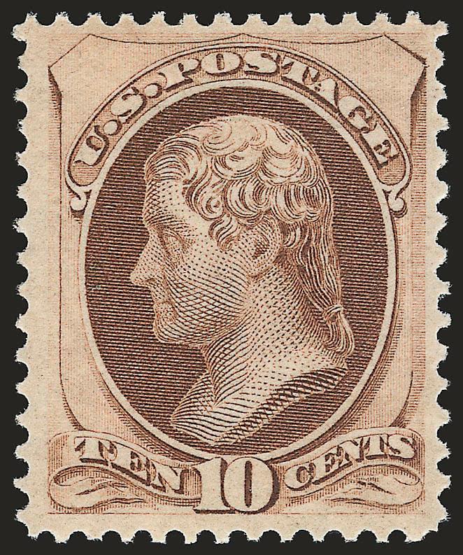 10c Brown (150). Mint N.H.,> bright shade, detailed impression<><>^EXTREMELY FINE. A RARE MINT NEVER-HINGED EXAMPLE OF THE 1870 10-CENT NATIONAL BANK NOTE COMPANY UNGRILLED ISSUE.^<><>This was the second stamp
from the top in the vertical strip o