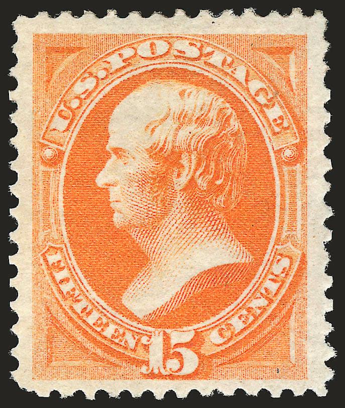 15c Bright Orange (152).> Original gum, vibrant color, choice centering with unusually wide margins<><>^EXTREMELY FINE. A BEAUTIFUL ORIGINAL-GUM EXAMPLE OF THE 1870 15-CENT NATIONAL BANK NOTE COMPANY UNGRILLED
ISSUE. RARE WITH SUCH STUNNING COLOR A