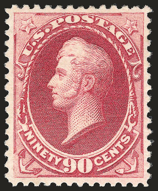 90c Carmine (155).> Original gum, beautiful rich color and detailed impression on post-office fresh paper, choice centering, long and full perforations all around<><>^EXTREMELY FINE. THE 1870 90-CENT NATIONAL
BANK NOTE ISSUE IS RARE IN CHOICE ORIGI