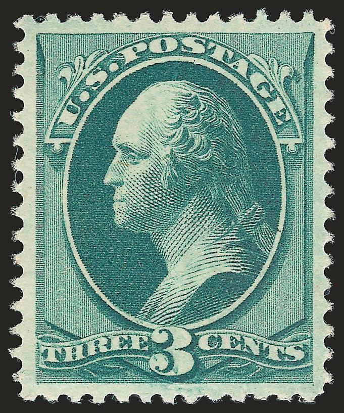 3c Green (158). Mint N.H.,> deep rich color on bright paper, perfectly centered with wide and balanced margins<><>^EXTREMELY FINE GEM. A SUPERB MINT NEVER-HINGED EXAMPLE OF THE 1873 3-CENT CONTINENTAL BANK NOTE
COMPANY ISSUE. THIS IS THE ONLY EXAMP