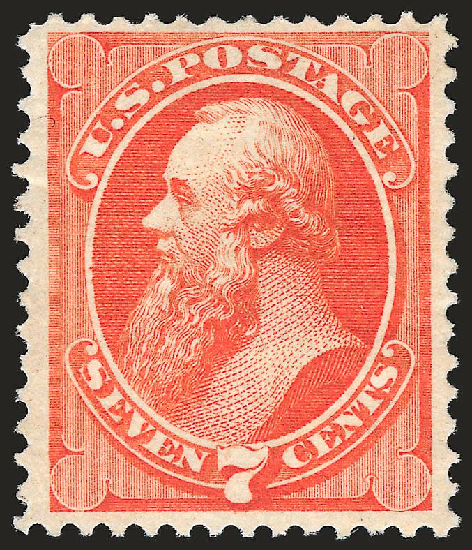7c Orange Vermilion (160).> Original gum, lightly hinged, radiant color, choice centering with unusually wide margins<><>^VERY FINE AND CHOICE. A RARE ORIGINAL-GUM EXAMPLE OF THE 1873 7-CENT CONTINENTAL BANK
NOTE ISSUE.^<><>With 2000 P.F. certifi
