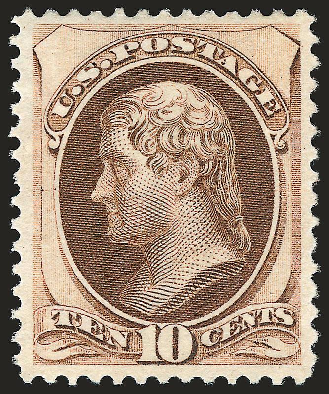 10c Brown (161).> Original gum, lightly hinged, bright color, beautiful centering with wide margins<><>^EXTREMELY FINE. A GORGEOUS ORIGINAL-GUM EXAMPLE OF THE 1873 10-CENT CONTINENTAL BANK NOTE COMPANY
ISSUE.^<><>With 1994 P.F. certificate