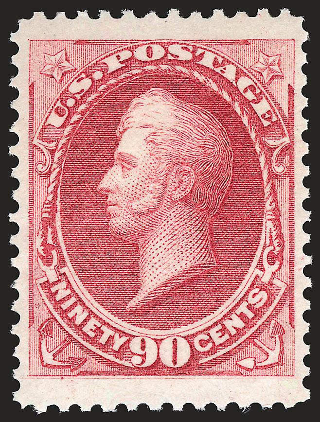 90c Rose Carmine (166). Mint N.H.,> rich color and proof-like impression on bright white paper, enormous margins at top and bottom<><>^EXTREMELY FINE. A RARE MINT NEVER-HINGED EXAMPLE OF THE 90-CENT 1873
CONTINENTAL BANK NOTE COMPANY ISSUE. A SUPER